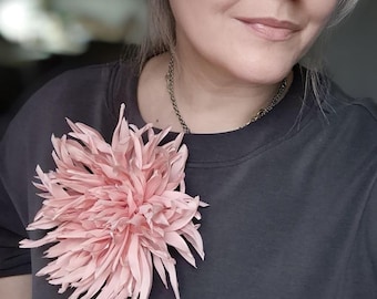Peach Chrysanthemum Brooch, Large Matte Fabric Flower, XXL 7" Statement Shoulder Pin, Wedding Guest Floral Accessory