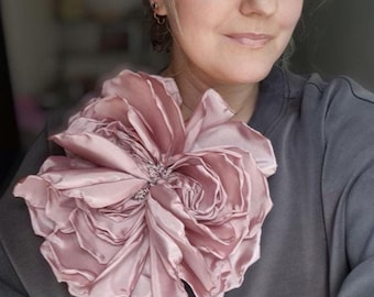 Oversized Dusty Rose Taffeta Flower Brooch 10 inch Large Pink Peony Statement Shoulder Pin
