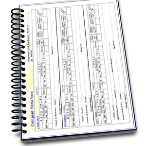 Könnte beinhalten: Ein schwarz-weißes Kassenbuch mit Spiralbindung. Das Buch hat Spalten für Münzen, Scheine und Summen. Das Buch ist mit "Company Name Here" und "Department - Cash Float Register - EUR Here" beschriftet.