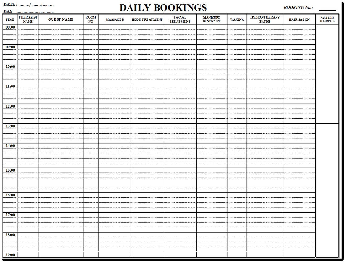 Spa Daily Bookings V02 Printable and Spreadsheet Etsy