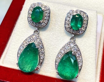 DANGLING 10.65TCW Emeralds & Diamond 18K solid WHITE gold Christmas handmade earrings dangle white gold chandelier unique zambia colombian