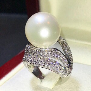 HUGE 15mm SOUTH SEA Pearl & 3.05 cts diamonds in 18K handmade solid white gold ring one of a kind handcrafted huge cocktail white golden