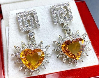 HEART! 10.67TCW Yellow Sapphire & VS Diamonds in 18K solid handmade white gold earrings dangle drop orange thai ceylon Chandelier gala huge