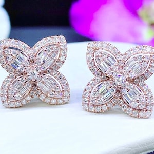 CUTE! F/VS Diamond 18K solid rose gold illusion baguette earrings handmade pink gift stud cocktail wedding white natural petite cute simple
