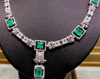 ART-DECO 23.21TCW COLOMBIAN Emerald diamonds 18K solid white gold necklace pendant 1920's vintage long estate natural genuine colombia huge