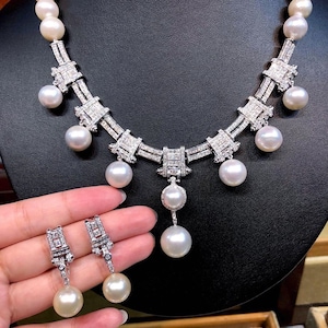 ART DECO White South Sea Pearl in 18K solid white gold necklace Australian wedding bridal natural genuine diamond round 1920&#39;s set earrings