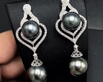 CHANDELIER TAHITIAN Pearls VS Diamonds In 18K Solid White Gold Earrings dangle drop modern natural golden black south sea big Tahiti wedding