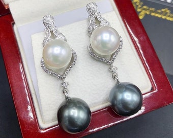 Gorgeous! SOUTH SEA TAHITIAN Pearls Diamonds 18K Solid White Gold Earrings dangle drop modern natural golden black chandelier tahiti genuine