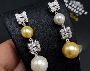 SPLENDIDO! Lampadario fatta a mano per il solido orecchini pendenti in oro bianco 18k diamanti VS sud mare perle goccia moderna autentico bianco naturale dorato