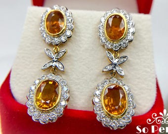 GOLDEN! 9.65TCW Yellow Sapphire & VVS Diamonds in 18K solid handmade yellow gold earrings dangle drop orange thai ceylon