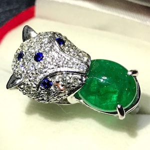 VIVID 7.19TCW Natural Emerald & Diamonds in handmade 18K Solid White gold handmade ring estate certified zambian colombian cabochon