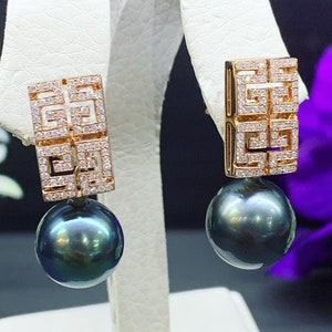 12 mm タヒチアン ブラック サウス シー パール & ダイヤモンド 18K ソリッド ホワイト ゴールド イヤリング ハンドメイド ブライダル メイド ダングル ドロップ パーティー カクテル ウェディング 花嫁