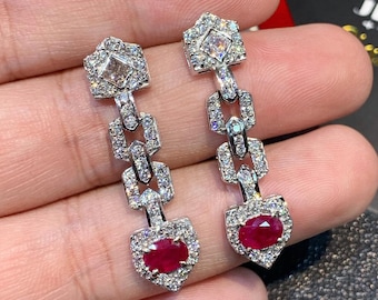UNIQUE! 3.88TCW Burmese Ruby & Diamonds in 18K solid white gold chandelier earrings vintage blood dangling designer natural art deco burma