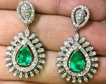 Colombian 4.33TCW VIVID Green Emeralds & Diamond in 18K solid WHITE gold handmade earrings dangle drop vintage white gold chandelier unique