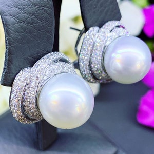 HUGE! 13mm LUSTROUS WHITE South Sea Pearls & Diamonds 18K Solid White Gold Earrings handmade bridal dangle drop party cocktail wedding bride