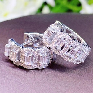 STUNNING 0.98TCW Baguette F/VS diamonds 18K solid white gold handmade earrings studs illusion clean natural dangle natural drop hoop