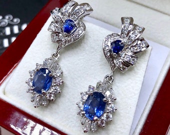 5.87TCW CEYLON Blue Sapphire & VS diamonds in 18K solid white gold handmade earrings natural dangle chandelier wedding vintage retro 1960's