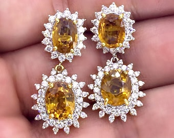 Natural 11.40TCW Yellow Sapphire& VVS Diamonds in 18K solid handmade yellow gold earrings dangle drop orange thai ceylon