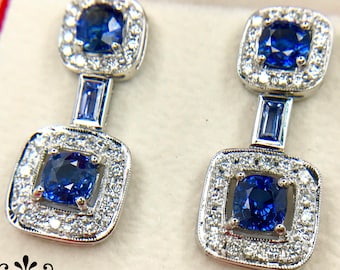 STUNNING 4.48TCW CEYLON Blue Sapphire & VVS diamonds in 18K solid white gold handmade earrings natural dangle chandelier wedding cornflower