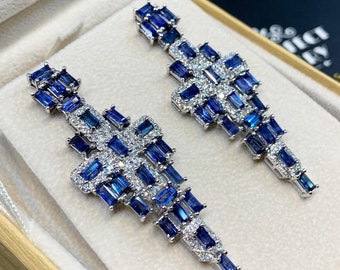 One of a KIND! 9.06TCW Blue Sapphire VS diamonds in 18K solid white gold handmade earrings natural dangle chandelier wedding royal blue huge