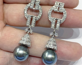 ART DECO Tahitian Pearls VS Diamonds 18K Solid White Gold Earrings chandelier dangling modern natural black south sea big Tahiti wedding