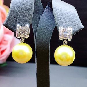 GOLDEN! South Sea 12.5 mm Pearls & Diamonds 18K Solid white Gold Earrings handmade yellow wedding estate natural dangling cultured Art Deco