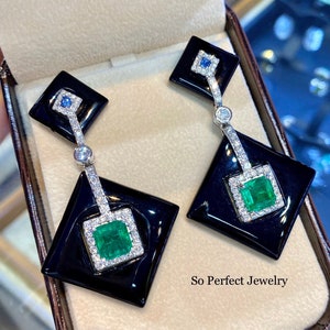 One Of A Kind 7.87TCW Emerald VS Diamond 18K solid white gold earrings onyx natural chandelier zambian Colombian halo wedding black dangling