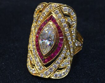 Genuine 2.31cts. Marquise Diamond & VVS Accent diamonds and red ruby in 18K solid handcrafted gold vintage style estate bezel