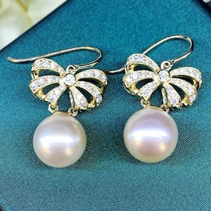 12mm Authentic White South Sea Pearls & Diamonds In 18K Solid White Gold Earrings handmade custom-made dangle drop party cocktail wedding