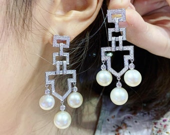 Huge Art Deco white South Sea Pearls VS Diamonds In 18K Solid White Gold Earrings chandelier dangling modern natural golden vintage bridal