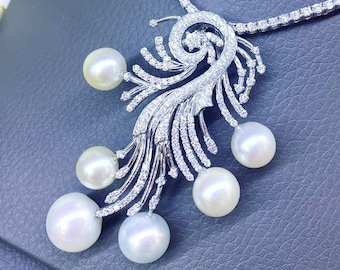 LARGE South Sea Pearl VS Diamonds 18K solid white gold necklace pendant brooch flower unique modern natural christmas art deco simple white