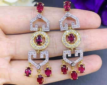 HUGE 7.40TCW Blood Red Ruby Diamonds in 18K solid yellow white gold chandelier floral earrings vintage natural siamese siam burma burmese