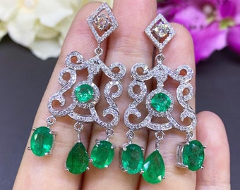 UNIQUE! 13.83TCW Green Emerald Diamond 18K solid WHITE gold handmade earrings dangle drop white gold chandelier natural zambia colombian