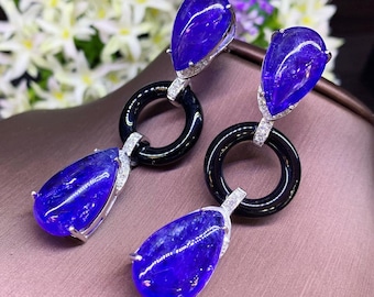 HUGE! 59.34TCW Tanzanite VS Diamond Onyx black in 18K solid WHITE gold earrings cocktail big cabochon pear dangle chandelier sapphire