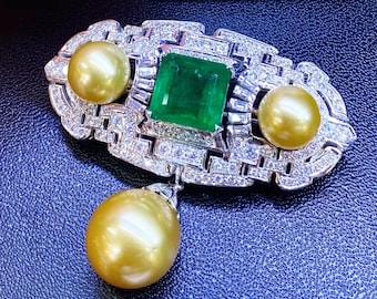 HUGE 14.51TCW Emerald BROOCH Golden South Sea Pearl Zambian Natural VS Diamond in 18K solid white gold necklace Art Deco pendant luxury high