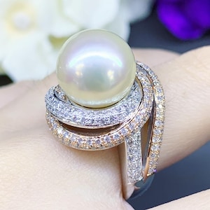 WOW! 14 mm SOUTH SEA Pearl & 1.68 ct diamonds in 18K handmade solid white gold ring one of a kind handcrafted huge cocktail white australia