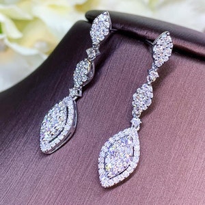 LOVELY! 1.32TCW round brilliant Diamond Illusion Natural 18K solid white gold marquise illusion earrings dangling invisible chandelier