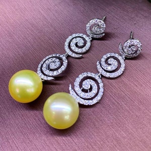 13.5mm Authentic Golden South Sea Pearls & Diamonds In 18K Solid White Gold Earrings handmade custom-made dangle drop party cocktail wedding