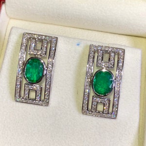 Art-Deco 4.38TCW Emeralds & VS Diamonds in handmade 18K solid WHITE gold earrings vintage Colombian Zambian green clean natural authentic