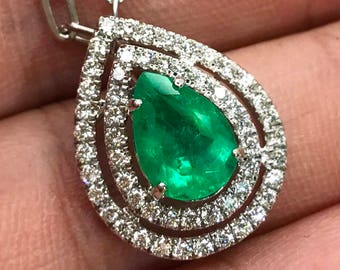 COLOMBIAN 3.20TCW Emerald & Diamonds in 18K solid white gold handmade pendant necklace micropave halo zambian colombia jewelry gift