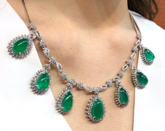 HUGE SET 70.76TCW Emerald Necklace Cabochon Zambian Natural VS Diamond 18K solid white gold earrings chain pendant luxury high jewelry pear