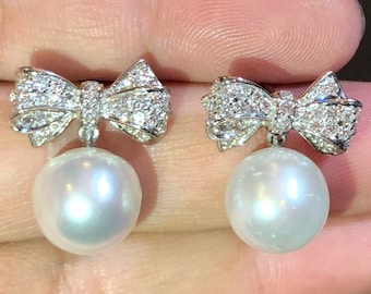 12 mm äkta vita Söderhavspärlor och diamanter i 18K massivt vitguld örhängen handgjorda specialtillverkade hängande droppar fest cocktail bröllop