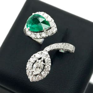 Twisted 2.21TCW COLOMBIAN Emerald & Marquise Diamonds In 18K Solid WHITE Gold Handmade Ring unique engagement natural certified