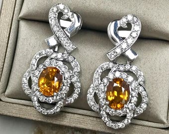 SPARKLING! 7.16TCW Yellow Sapphire & VS Diamonds in 18K solid handmade white gold earrings dangle drop orange thai ceylon Chandelier gala