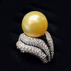 GOLDEN 14mm SOUTH SEA Pearl & 3.05 cts diamonds in 18K handmade solid white gold ring one of a kind handcrafted huge cocktail white natural