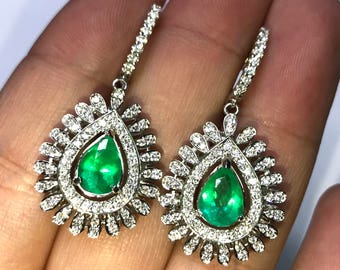 Colombian 4.36TCW Green Emeralds & Diamond in 18K solid WHITE gold handmade earrings dangle drop vintage white gold chandelier unique zambia