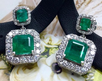 9.46TCW VIVID Green Emeralds & Diamond in 18K solid WHITE gold handmade earrings dangle zambian white gold chandelier