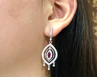 SIAMESE! 2.27TCW Ruby & Diamonds in 18K solid handmade white gold chandelier earrings pigeon blood red natural certified siam dangling