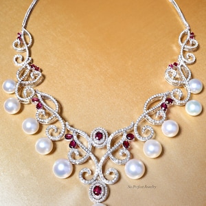 HUGE South Sea Pearl Siamese Ruby in 18K solid white gold necklace Australian wedding genuine bridal natural genuine diamond