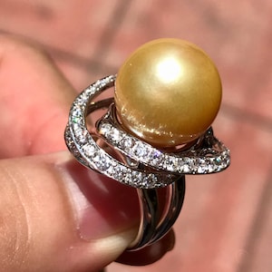 HUGE 15mm SOUTH SEA Pearl & 1.58 cts diamonds in 18K handmade solid white gold ring one of a kind handcrafted huge cocktail white golden